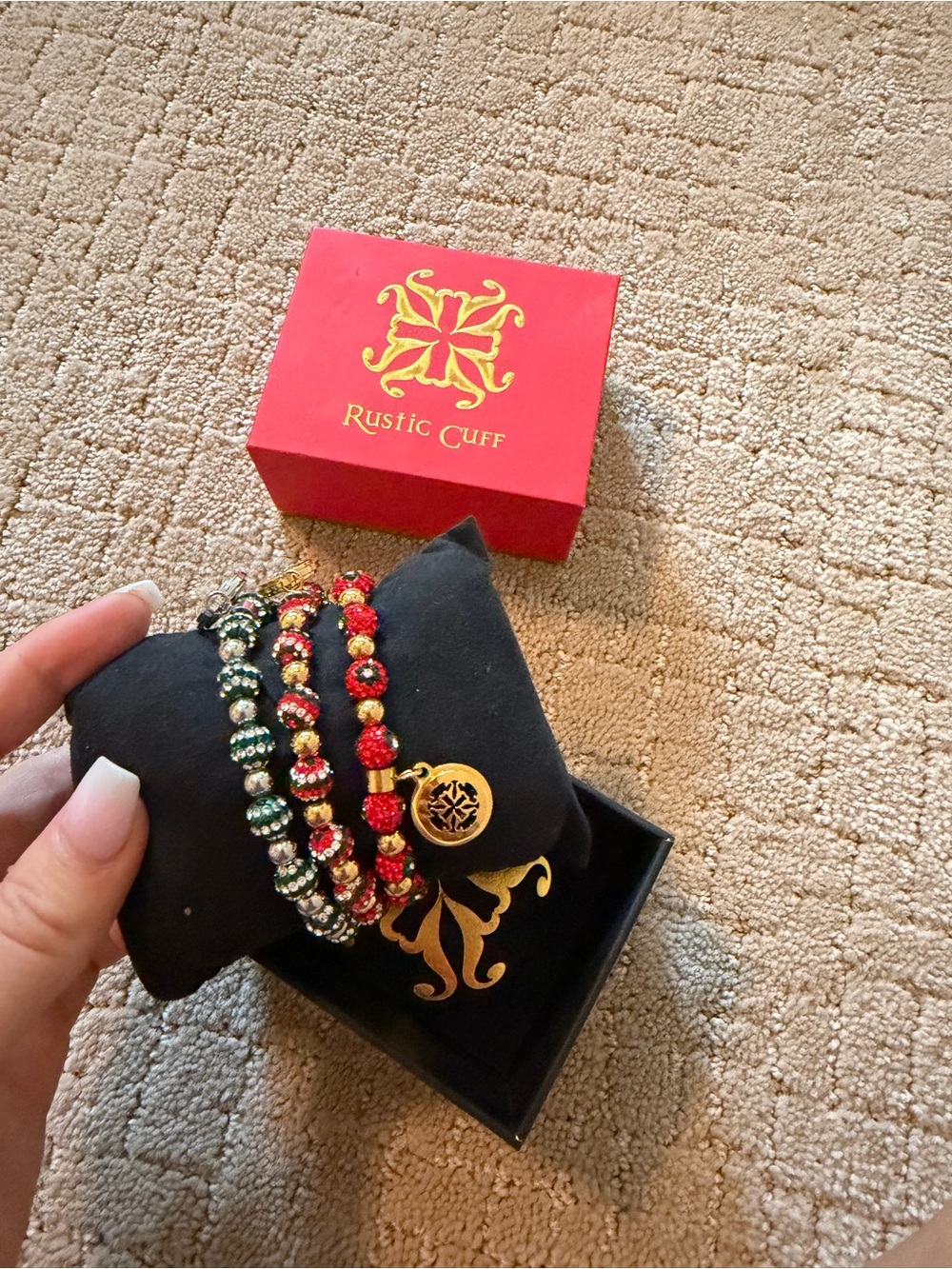 Rustic Cuff Red, Green and Gold Beaded Bracelet Set